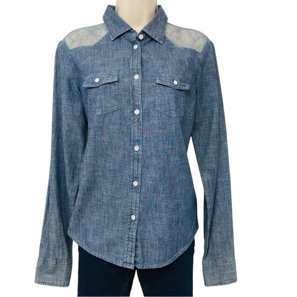 American Eagle Outfitters Denim Blouse Western Cowgirl Long Sleeve Button Front - Picture 1 of 16